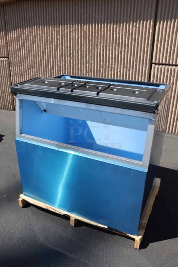 BRAND NEW 2025 Hoshizaki B-700SF 44" Ice Storage Bin, stainless steel finish, 700 lb capacity, minor scratches/dents visible.