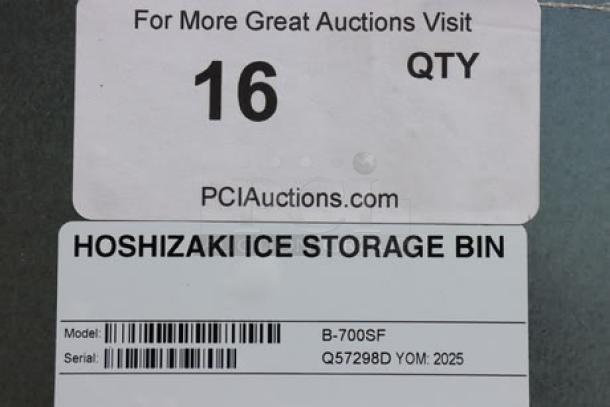 Alt text: Hoshizaki B-700SF ice storage bin label, stainless steel, 2025 model, 700 lb. capacity, serial Q57298D.