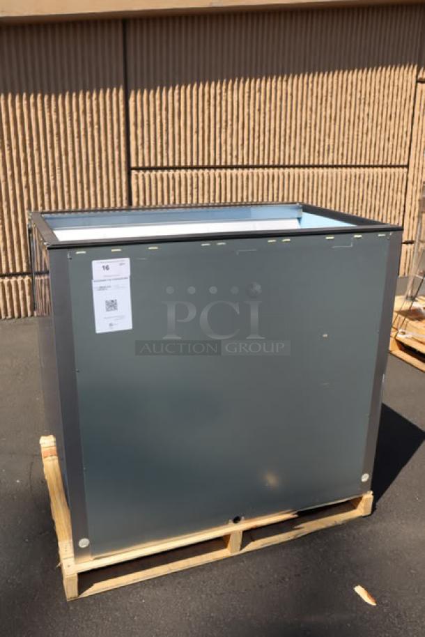 Brand new 2025 Hoshizaki B-700SF ice storage bin, 44" stainless steel, 700 lb capacity, visible scratches and dents, tag with serial number Q57298D.