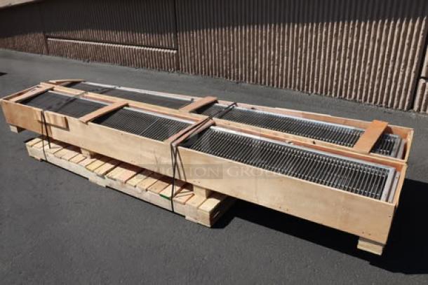 Regency 600FT12120SS 12" x 120" stainless steel floor trough with grate, new with minor scratches, on wooden pallet.
