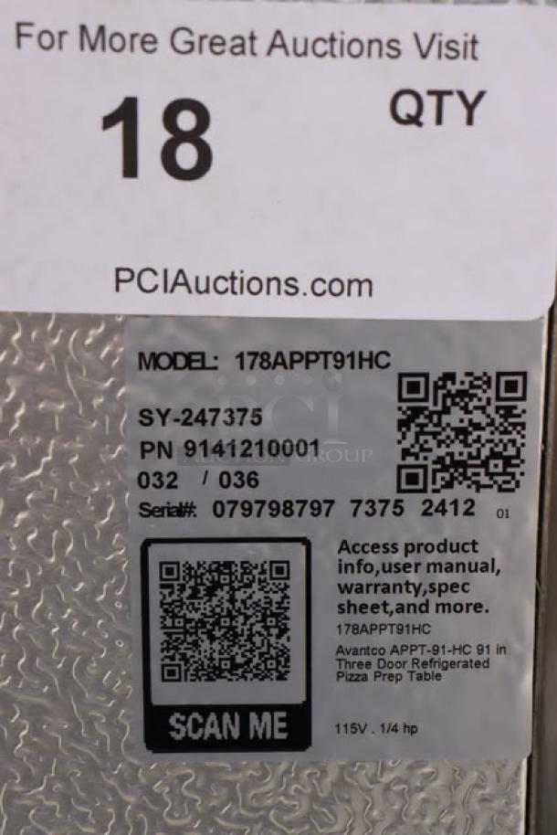 Brand new Avantco APPT-91-HC 92" 3-door refrigerated pizza prep table label with QR code, model, and serial number.
