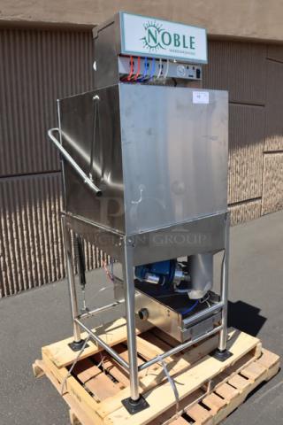 Noble Warewashing I-E Single Rack Low Temperature Dish Machine, Model 495NOWF1EX, 115V, used condition, mounted on a pallet.
