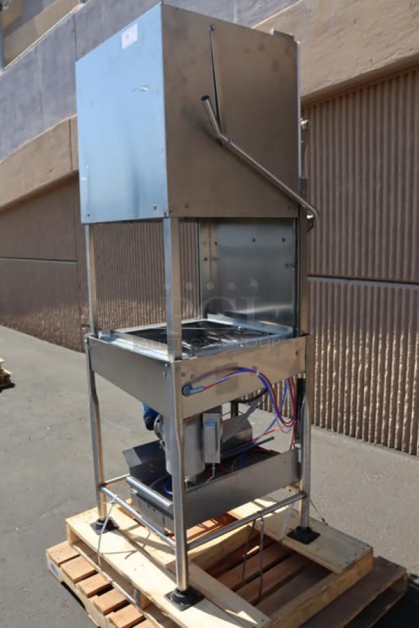 Noble Warewashing I-E single rack dish machine, model 495NOWF1EX, stainless steel, 115V, low temp, on wooden pallet.