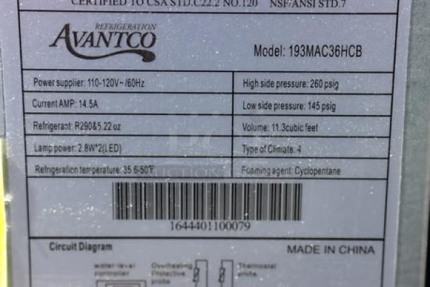 Label for Avantco BMAC-36HC merchandiser showing model, serial number, power details, and refrigerant information.
