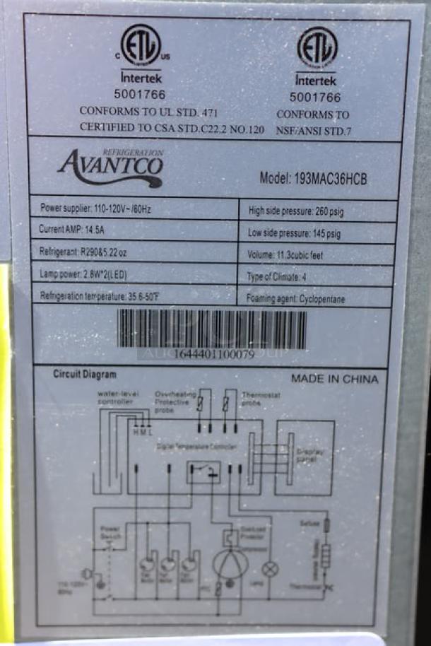 Brand new Avantco BMAC-36HC 36" black vertical air curtain merchandiser label showing technical specifications and serial number 1644401100079.