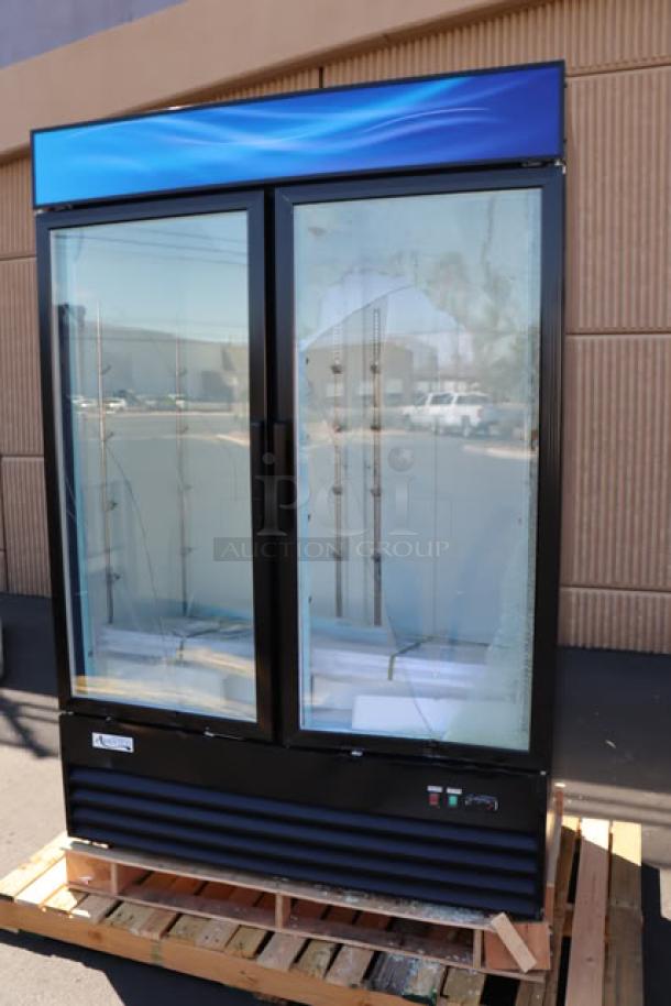 Avantco GDC-49F-HC 53" black merchandiser freezer with LED lighting, broken glass door, customizable exterior, 115V, serial number visible.