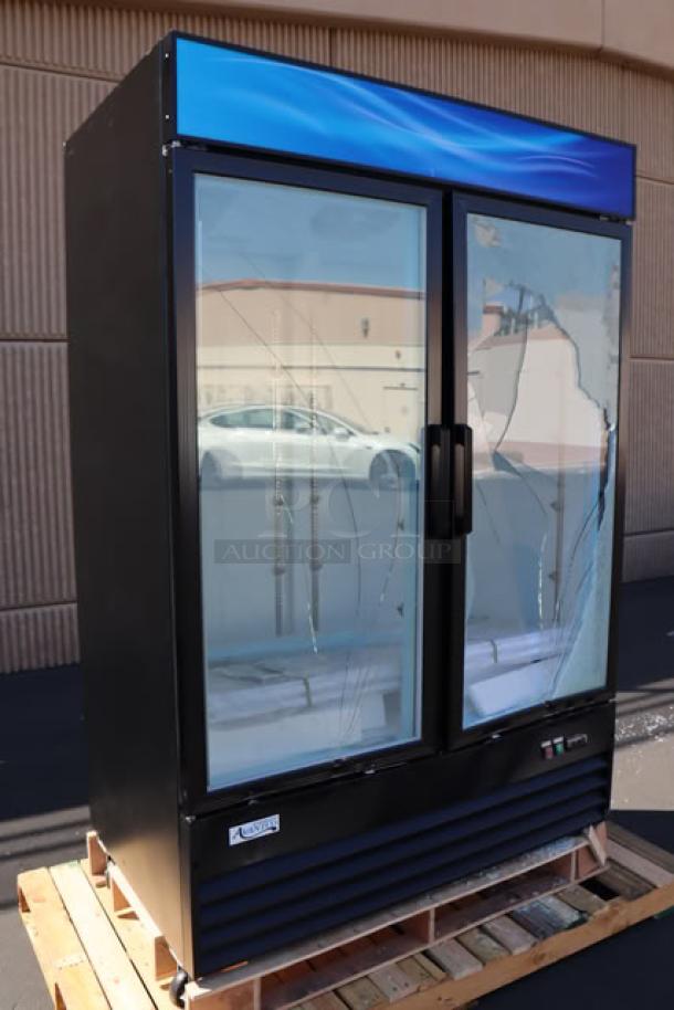 Avantco GDC-49F-HC 53" black merchandiser freezer with broken glass doors, LED lighting, customizable panels.