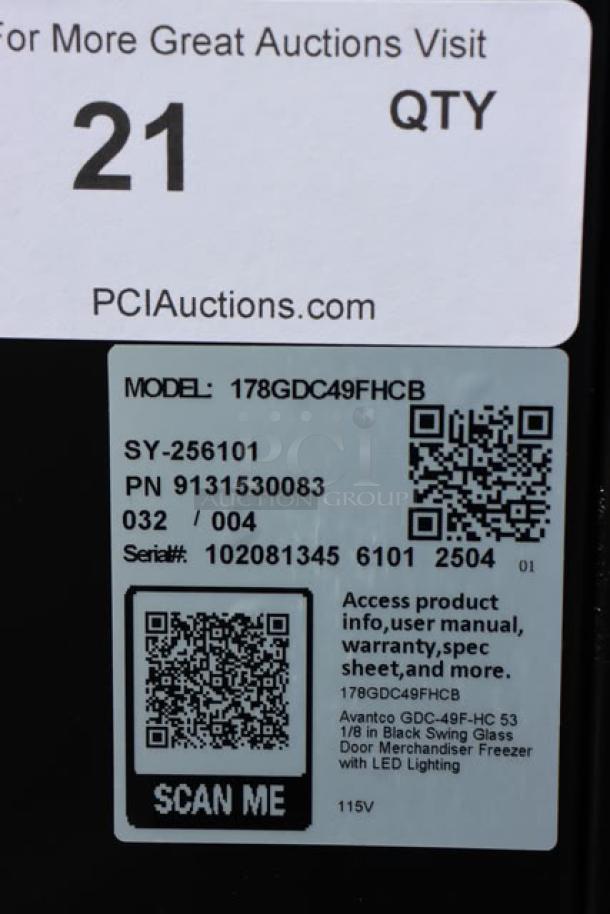 Alt text: "Avantco GDC-49F-HC 53-inch merchandiser freezer label with model, serial number, QR codes. Black, glass door broken."
