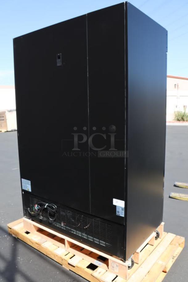 Brand new Avantco GDC-49F-HC 53" black merchandiser freezer, 115V, LED lighting, scratch-and-dent condition, broken glass door.