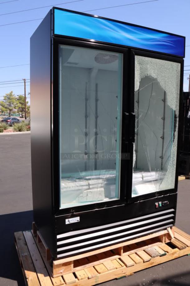 Avantco GDC-49F-HC merchandiser freezer with broken glass door, LED lighting, black exterior, 53" wide, new scratch-n-dent.
