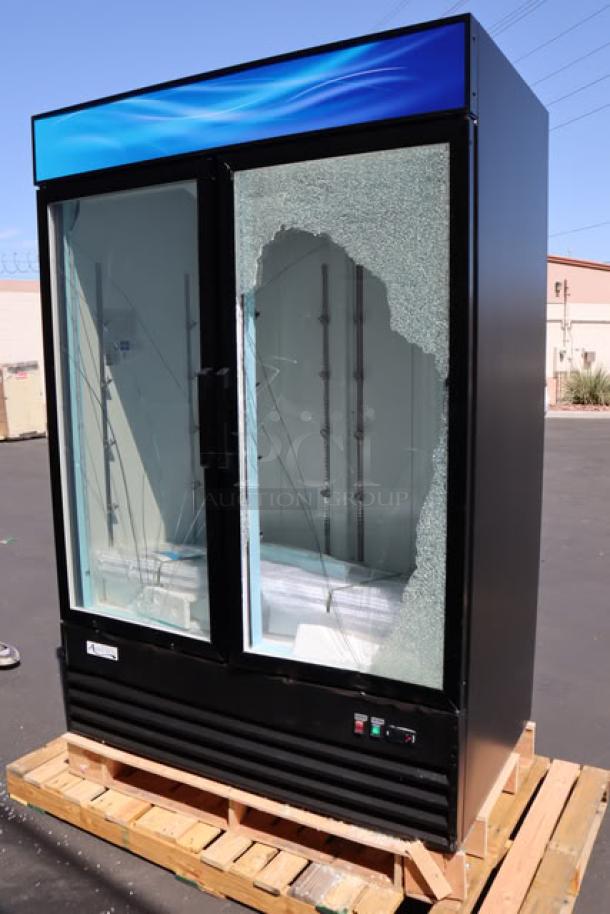 BRAND NEW SCRATCH-N-DENT Avantco GDC-49F-HC merchandiser freezer with broken glass door on pallet. LED lighting, 53" black model.