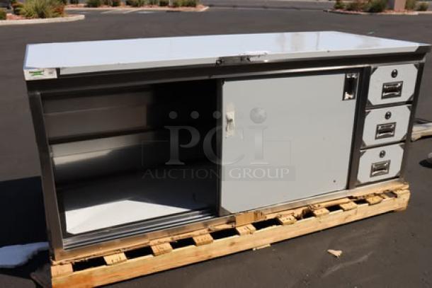 BRAND NEW Regency 600EBT3072R stainless steel table, 30"x72", 16 gauge, enclosed base, sliding door, drawers, scratch-n-dent.