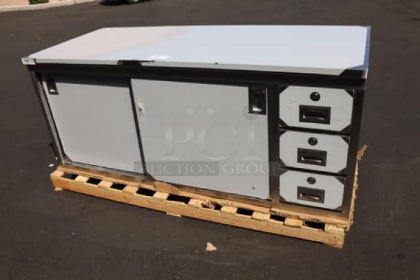 Regency stainless steel sliding door table, 30"x72", with drawers. Model 600EBT3072R, new scratch-and-dent condition.