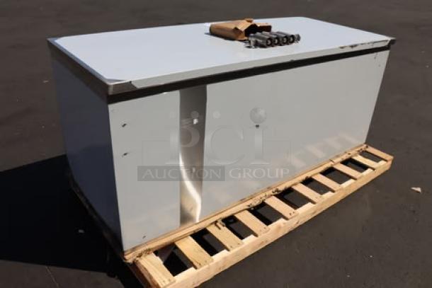 BRAND NEW Regency 600EBT3072R 30" x 72" stainless steel table with enclosed base, sliding doors, drawers; minor visible dents.