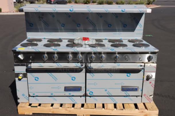 Brand new Imperial Range Pro Series IR-12-E 72" electric range, 12 round plates, 2 ovens, 208V, scratch-n-dent condition.
