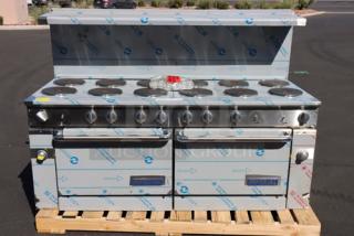 Brand new Imperial Range Pro Series IR-12-E 72" electric range, 12 round plates, 2 ovens, 208V, scratch-n-dent condition.