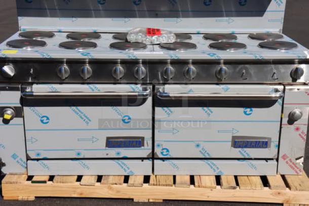 Brand new Imperial Range Pro Series IR-12-E 72" electric range with 12 round plates and 2 ovens, 208V, 3 phase, serial 05114725.