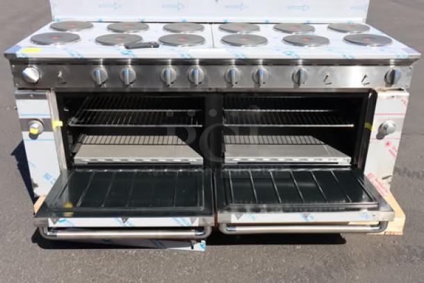 Imperial Range Pro Series IR-12-E 72" electric range, 12 round plates, 2 ovens, brand new condition, slight cosmetic dings.