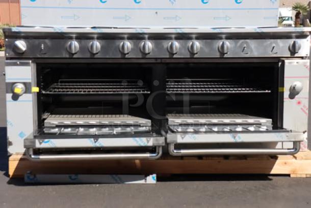 Brand new Imperial Range Pro Series IR-12-E 72" electric range with 12 round plates, 2 ovens, minor scratches visible.