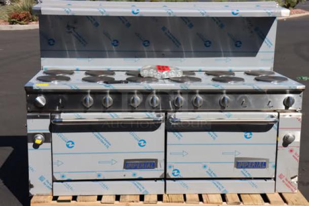 Brand new Imperial Range Pro Series IR-12-E 72" electric range, 12 round plates, 2 ovens, 208V, 3 phase, with packaging.
