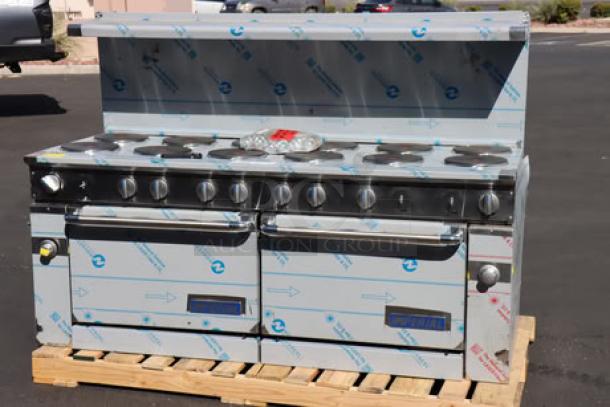 Brand new Imperial Range Pro Series IR-12-E 72" electric range with 12 round plates and 2 ovens, scratch-n-dent condition.