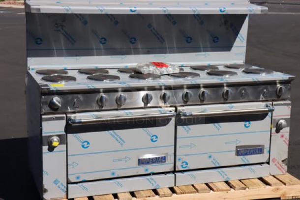 Brand new Imperial Range Pro Series IR-12-E 72" electric range with 12 round plates, 2 ovens, in protective wrap, 208V, 3 phase.