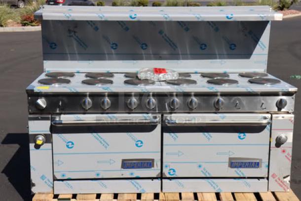 New Imperial Range Pro Series IR-12-E electric range with 12 round plates, 2 ovens. Scratch-n-dent condition, 208V, 3-phase.