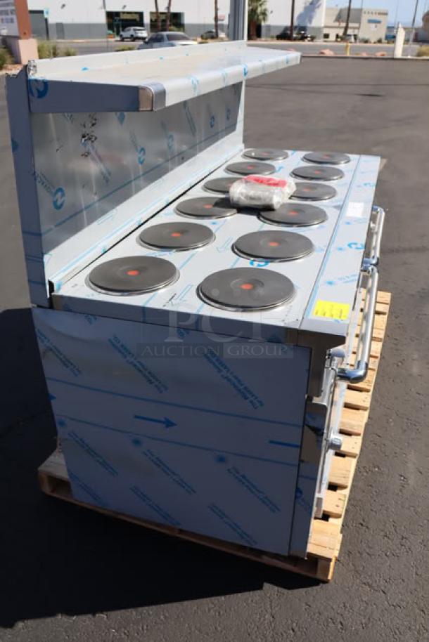 BRAND NEW Imperial Range Pro Series IR-12-E electric range with 12 round plates, 2 ovens. Scratch-n-dent. 208V, 3 phase.