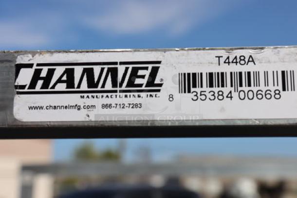 Channel T448A 20 Tray Bottom Load Aluminum Tray Rack, scratch-n-dent, label shows model and contact info.