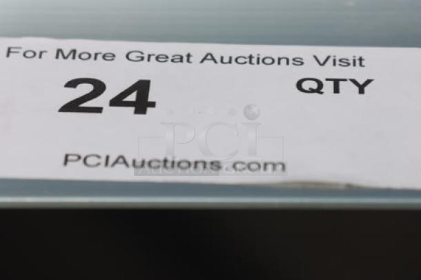 BRAND NEW Scratch-N-Dent Channel T448A 20 Tray Aluminum Rack, trapezoidal design, assembled. Auction label showing "24 QTY".