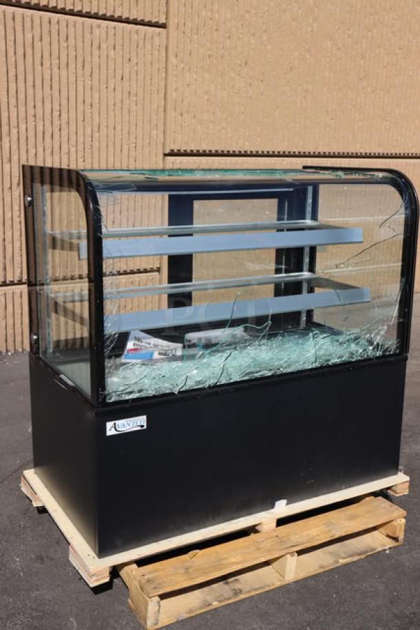 Avantco BC-48-HC 48" refrigerated bakery display case, black, curved glass broken, brand new scratch-n-dent, 115 volts.