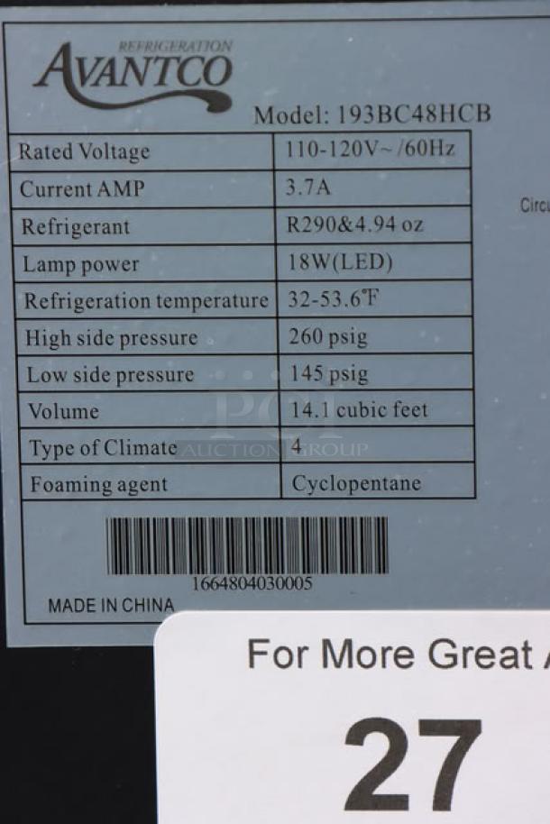 Label of Avantco BC-48-HC refrigerated bakery display case. Model, voltage, AMPs, refrigerant info, and serial number visible.
