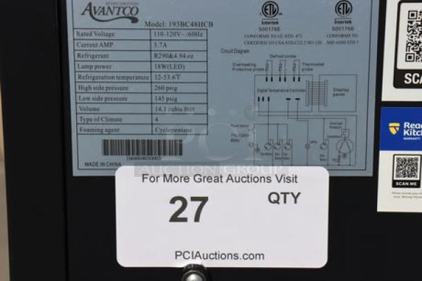 Avantco BC-48-HC label showing specs: 115 Volts, 3.9 Amps, 1 Phase. Includes model info and auction sticker.