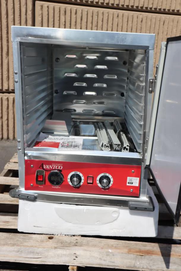 Avantco HPI-1812 heated holding cabinet, unused, scratch-n-dent, clear door, 120V, 1,575W, dials visible, metal construction.