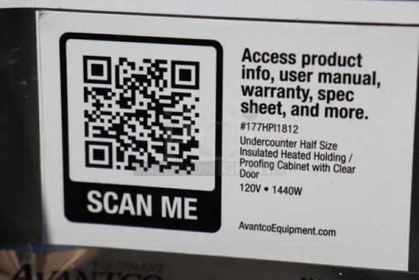 QR label on Avantco HPI-1812 cabinet showing model info for heated holding/proofing with clear door, 120V, 1,440W.