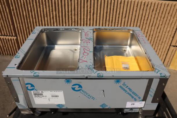 Brand new Advance Tabco SW-2E-120 two-pan electric hot food table, sealed wells, undershelf, labeled 120V, 1280W, S/N: 000091753.