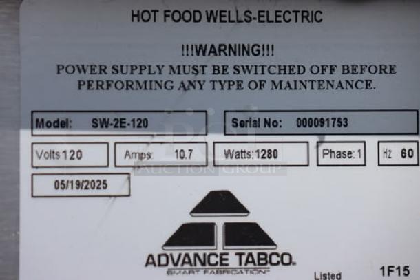 Advance Tabco SW-2E-120 label. Details: 120V, 10.7A, 1280W, Single Phase. Serial No: 000091753. Warning text included.