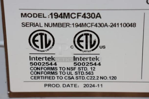 "Avantco Ice MC-F-430-A ice machine label, model 194MCF430A-24110048, showing ETL certifications and production date 11/2024."
