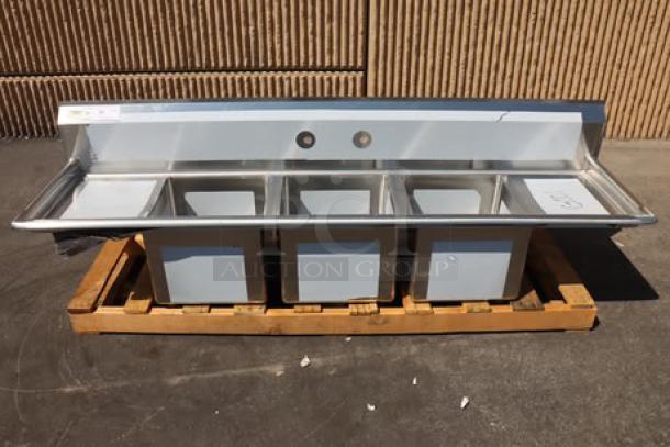 Regency 79" three compartment stainless steel sink, model 600S31515215, with galvanized legs and drainboards, minor scratches.