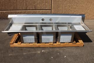 Regency 79" three compartment stainless steel sink, model 600S31515215, with galvanized legs and drainboards, minor scratches.