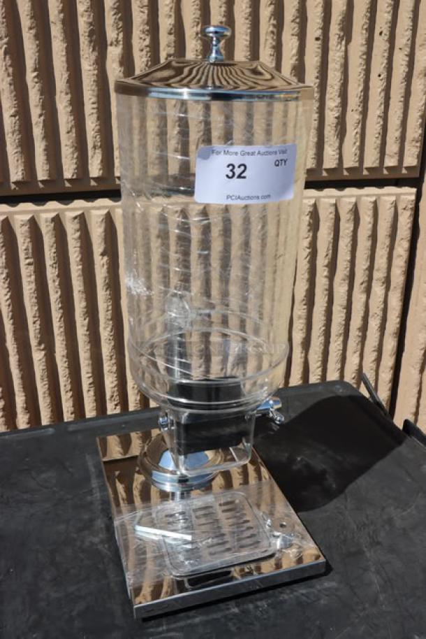 Brand new Choice 176CR1D 8L cereal dispenser, chrome finish, single canister, pristine condition, auction tag visible.