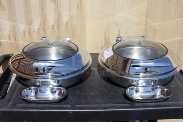 Acopa Voyage 6 Qt. round stainless steel induction chafers, glass tops, soft-close lids, model 407IND6CHAF, out of packaging.