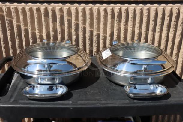 Acopa Voyage 6 Qt. stainless steel induction chafer with glass top and soft-close lid, model 407IND6CHAF, 2 items shown.