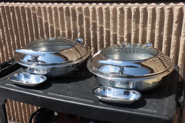 Acopa Voyage 6 Qt. round induction chafer, stainless steel, glass top, soft-close lid, brand new, model 407IND6CHAF, set of 2.