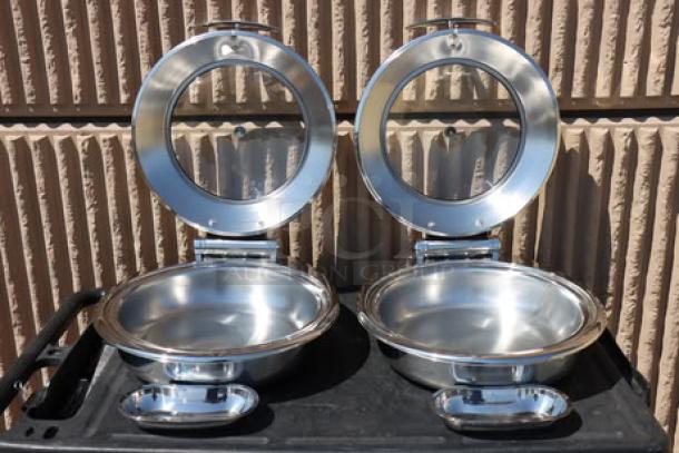Acopa Voyage 6 Qt. round stainless steel chafers, model 407IND6CHAF, with glass tops and soft-close lids, brand new.