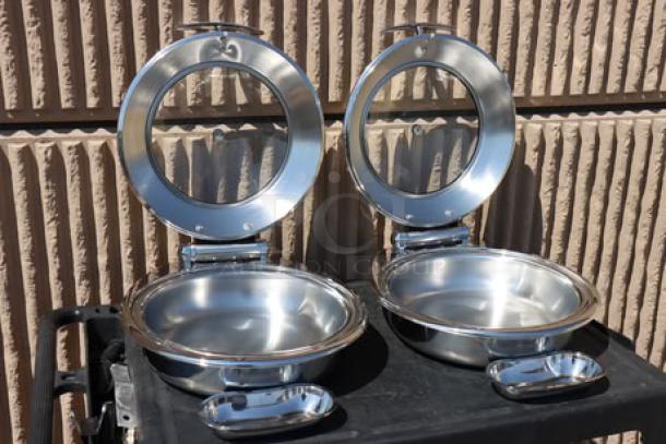 Acopa Voyage 6 Qt. Stainless Steel Induction Chafer, glass top, soft-close lid, out of packaging, model 407IND6CHAF.