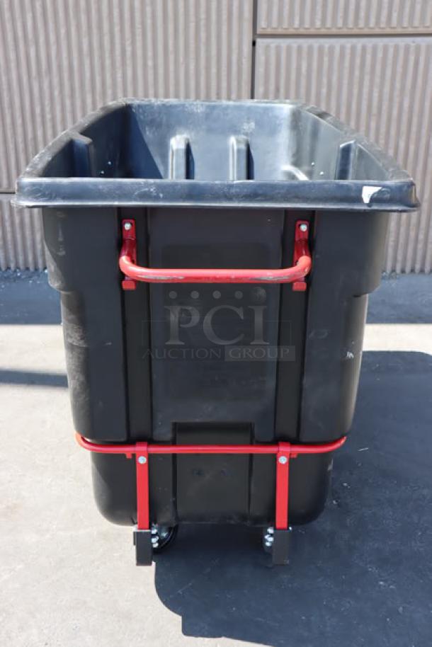 Rubbermaid® FG131600BLA BRUTE black tilt truck, 1.0 cubic yard, 2100 lb. capacity, red handles, good condition.