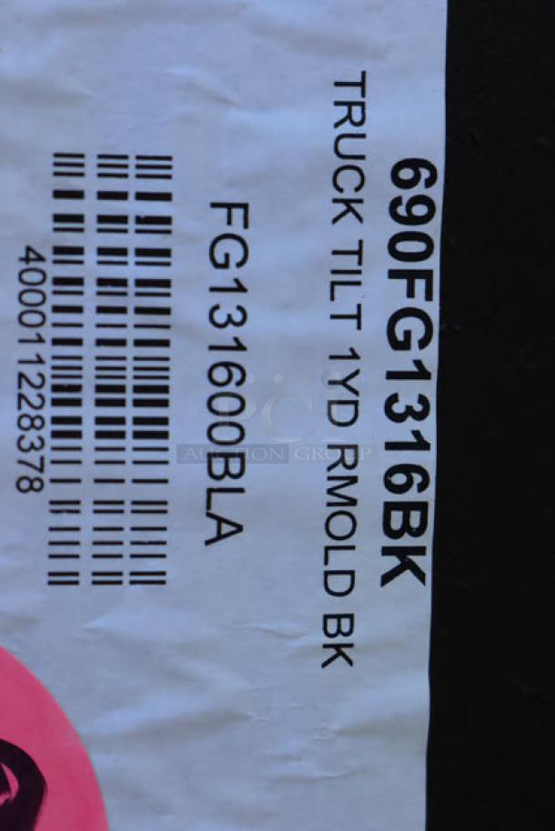 Rubbermaid® FG131600BLA BRUTE Black Tilt Truck label, 1.0 cubic yard, 2100 lb. capacity, S/N: 400011228378, barcode included.