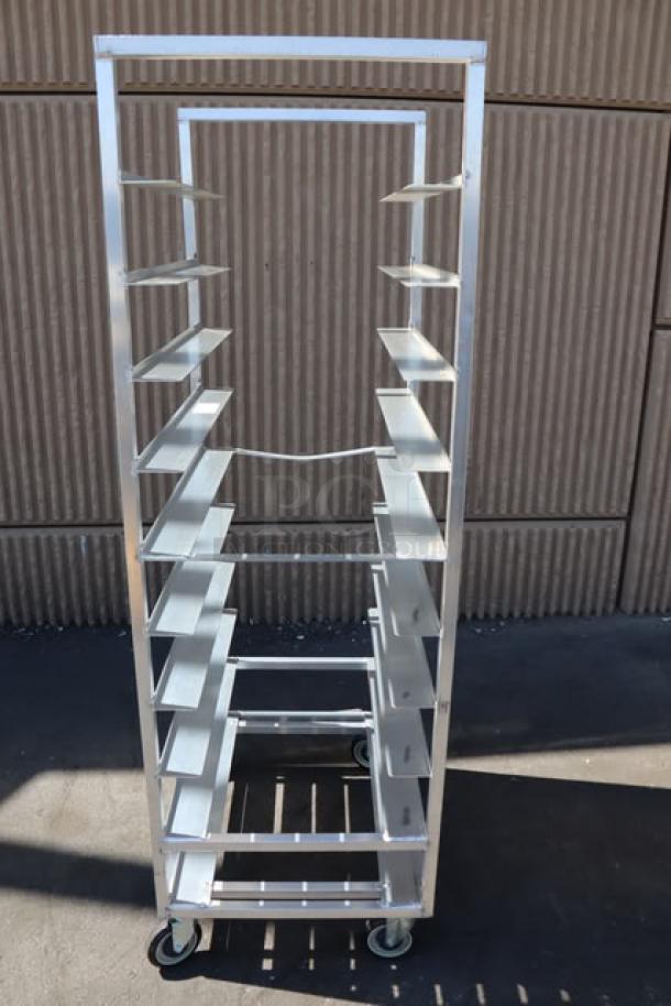 Channel T448A 20 Tray Aluminum Tray Rack, brand new scratch-n-dent, left side center bar bent, assembled, on wheels.