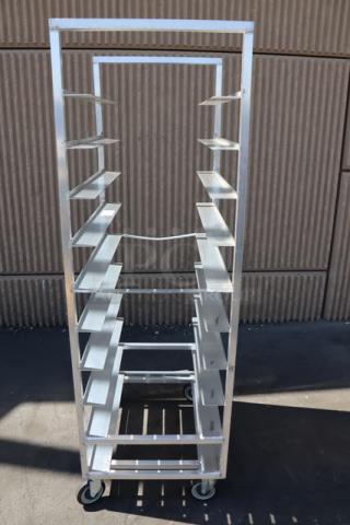 Channel T448A 20 Tray Aluminum Tray Rack, brand new scratch-n-dent, left side center bar bent, assembled, on wheels.